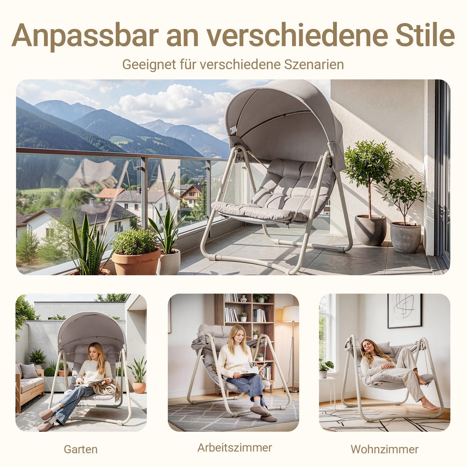 SoBuy Outdoor Hängesessel mit Sonnendach | Hängestuhl für Garten & Balkon Beige OGS62-MI