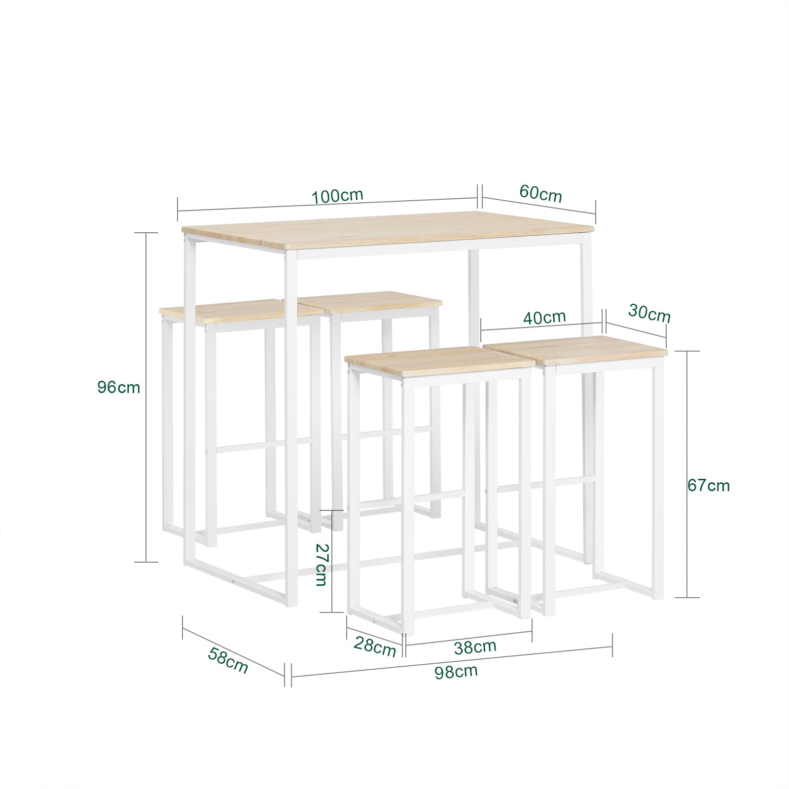 SoBuy | Bartisch mit 4 Hockern | Bartisch set | Stehtisch | 5-teilig | weiß-natur | OGT15-WN