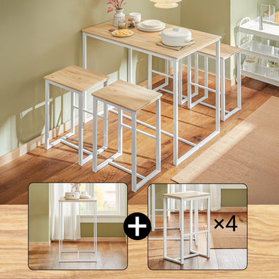 SoBuy | Bartisch mit 4 Hockern | Bartisch set | Stehtisch | 5-teilig | weiß-natur | OGT15-WN