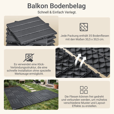 SoBuy | Balkonfliesen 35er Set aus WPC | Wetterfeste Klickfliesen für Balkon & Terrasse in Grau, 30,5 x 30,5 cm | SDA15-HG