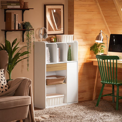 SoBuy | Scaffale con cassetti | Libreria a ripiani | Scaffale a colonna bianco | STR11-WN