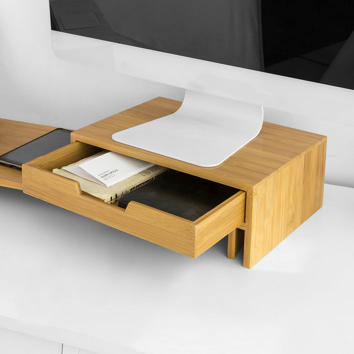 SoBuy | Design Monitorerhöhung für 2 Monitore | Monitorständer mit 2 Schubladen | Bambus | BBF04-N