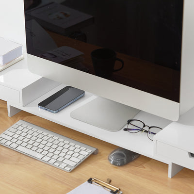 SoBuy | Support design pour 2 écrans | Support avec 2 tiroirs | Bambou | BBF04-W