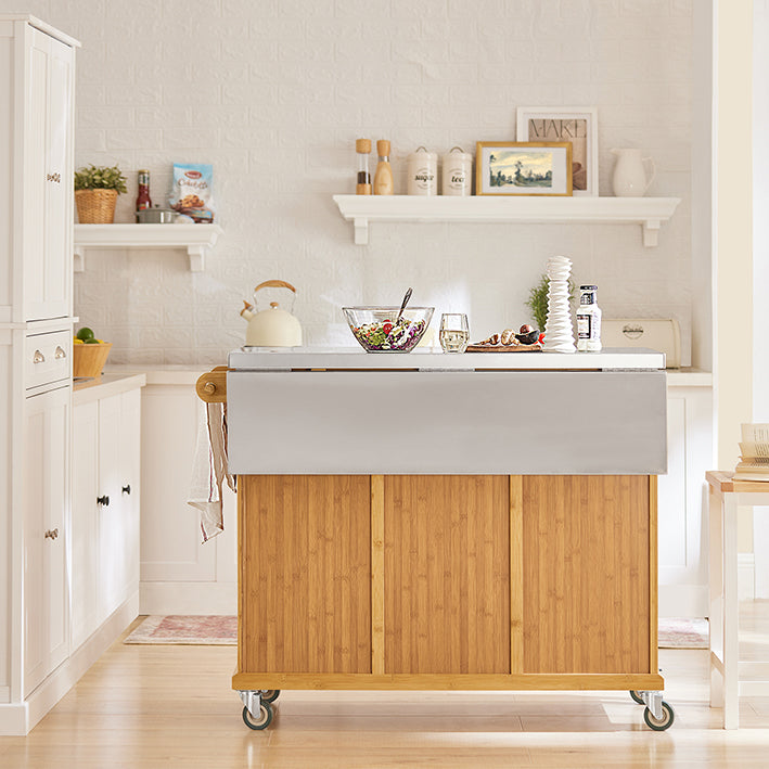 SoBuy | Îlot de cuisine | Chariot de cuisine avec plan de travail extensible | Meuble de cuisine en bambou | FKW69-N 