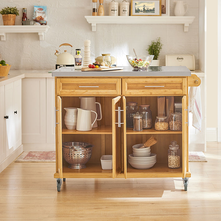 SoBuy | Îlot de cuisine | Chariot de cuisine avec plan de travail extensible | Meuble de cuisine en bambou | FKW69-N 