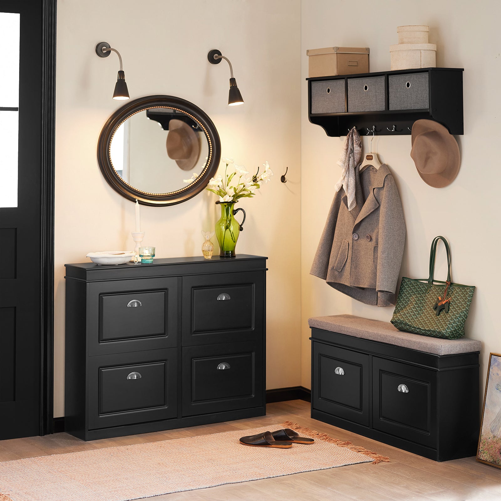 SoBuy | Meuble à chaussures | Banc à chaussures avec compartiment intégré | Style campagnard noir | FSR64-SCH 